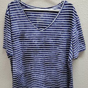 Terra & Sky Blue and White Striped V-Neck Pullover Top Size 24W-26W